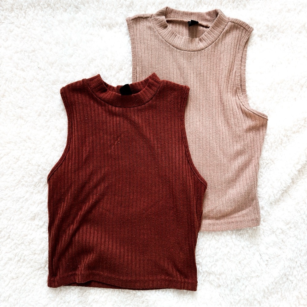 Sleeveless Ribbed Knit Tops - Rust and Beige